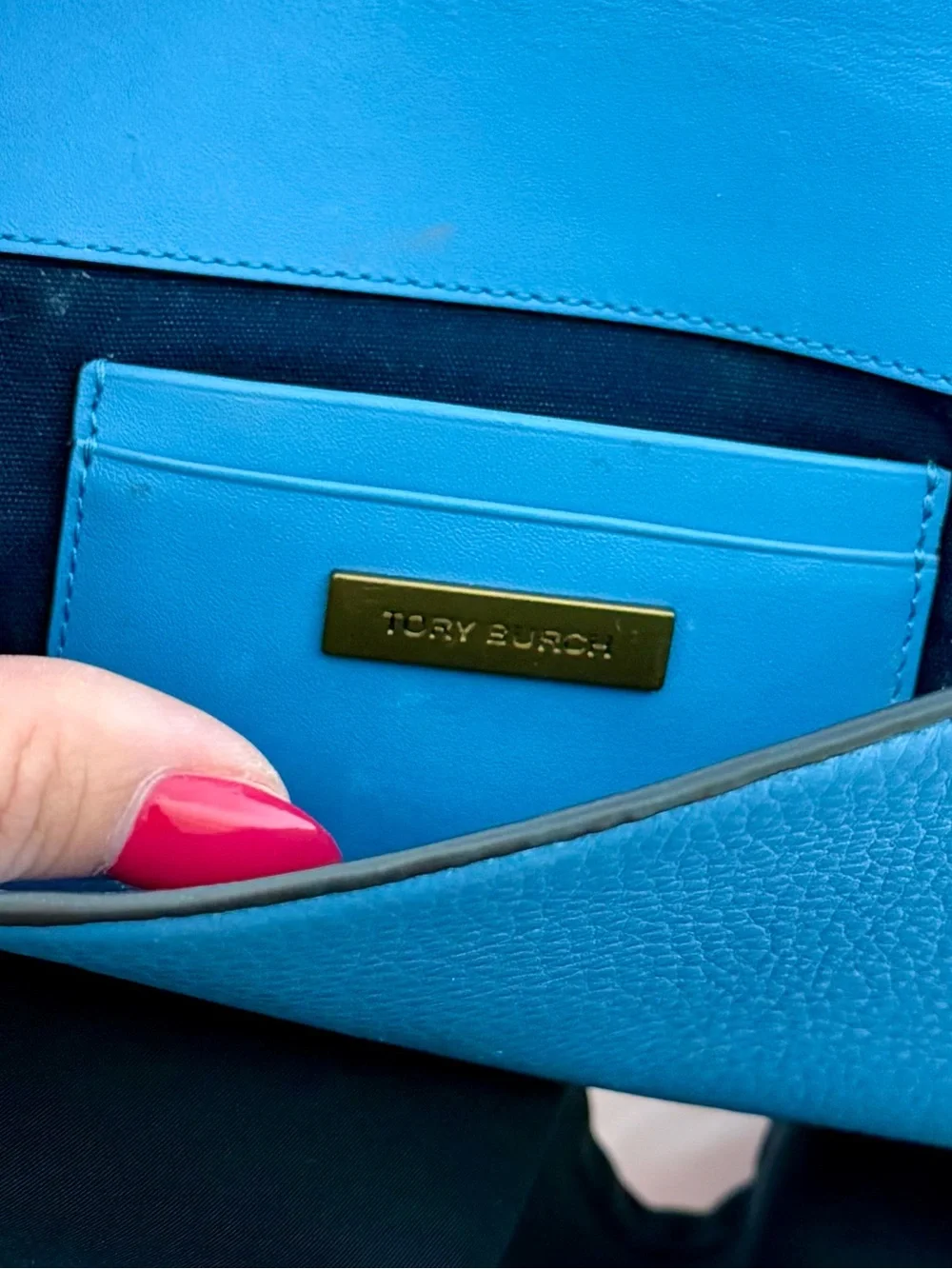 Tory Burch Sky Blue Leather Clutch with Black Logo Trim